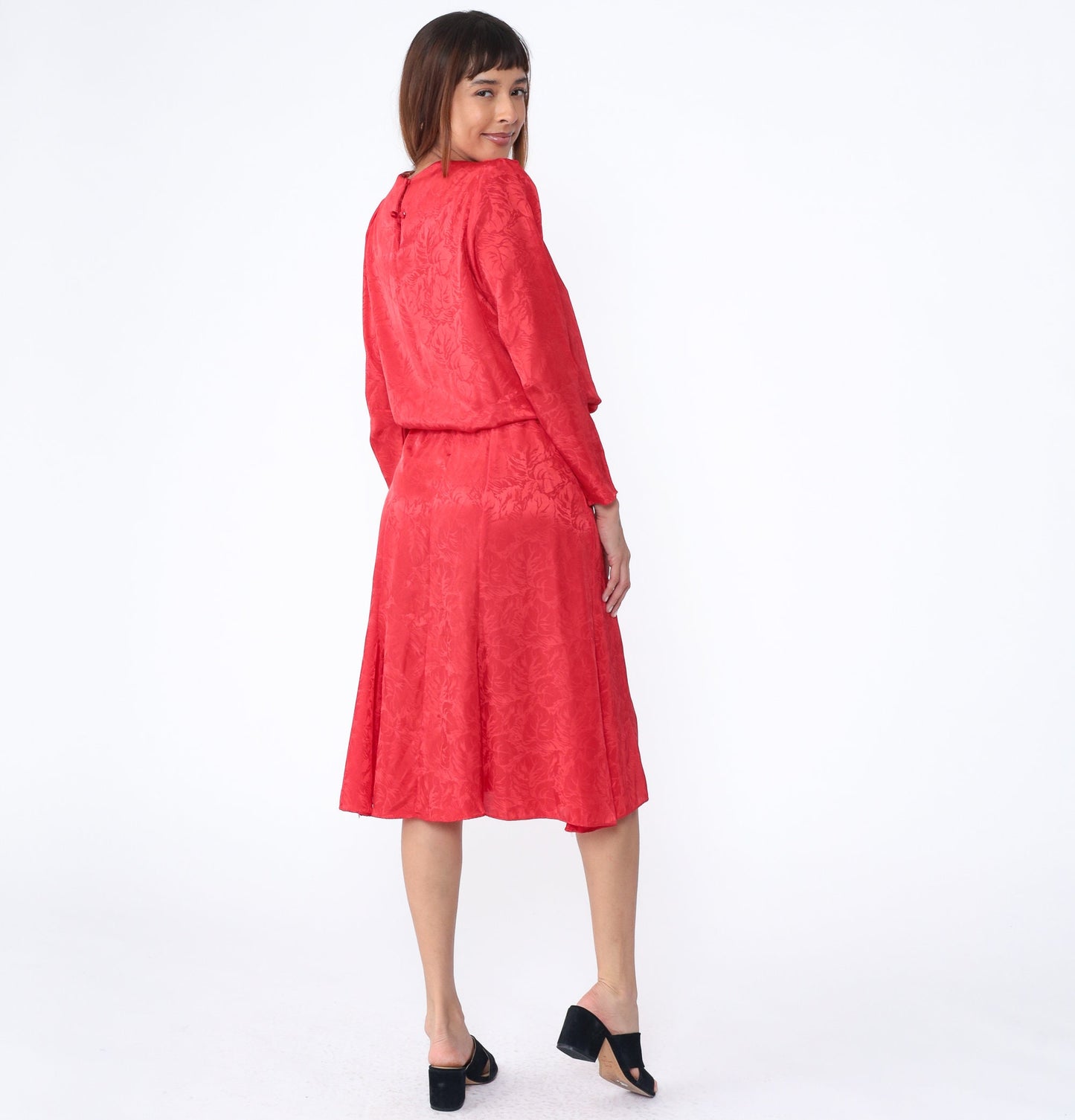 80s Red Embossed Leaf Midi Dress Puff Sleeve Blouson Waist Medium M