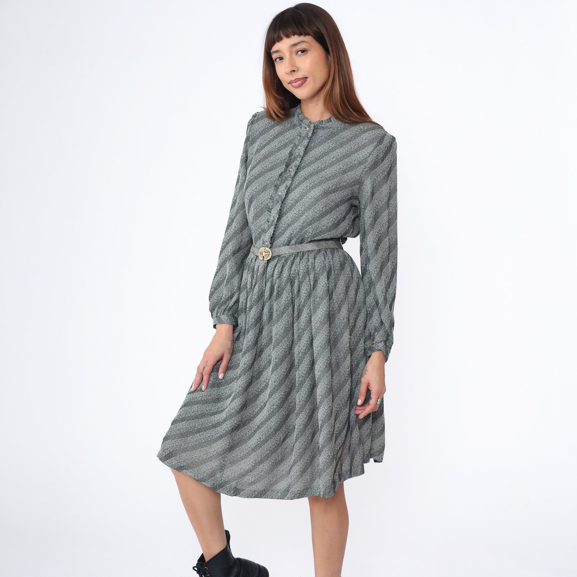 80s Floral Striped Midi Dress Grey White Puff Sleeve Button Up Medium