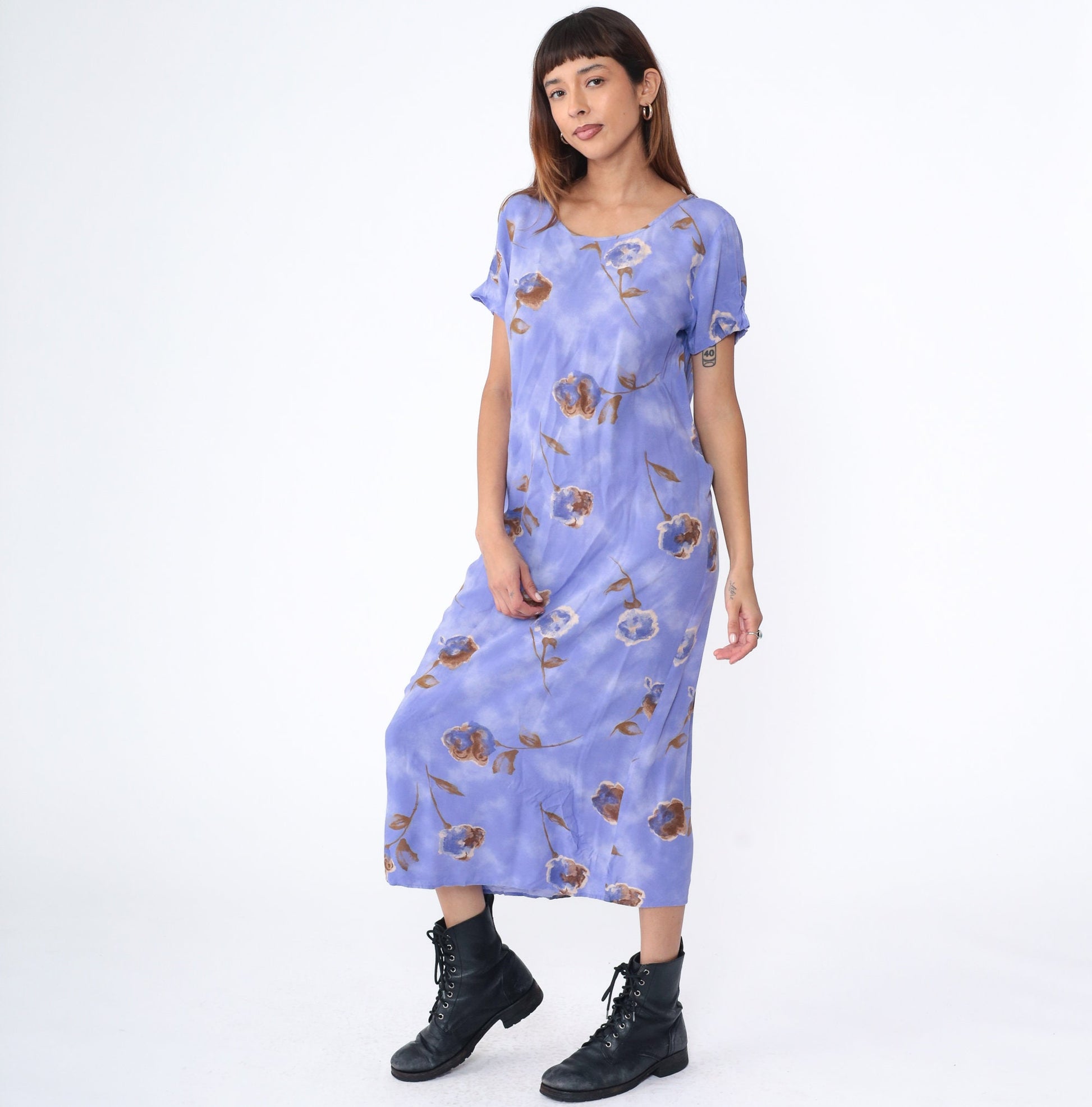 90s Floral Midi Shift Dress Purple Rayon Short Sleeve Scoop Neck Small