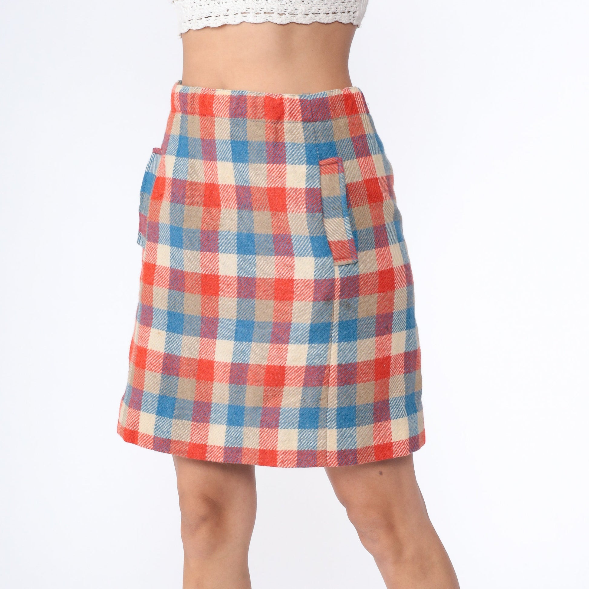 70s Bobbie Brooks Checkered Wool Mini Skirt High Waist Orange Blue Plaid Large