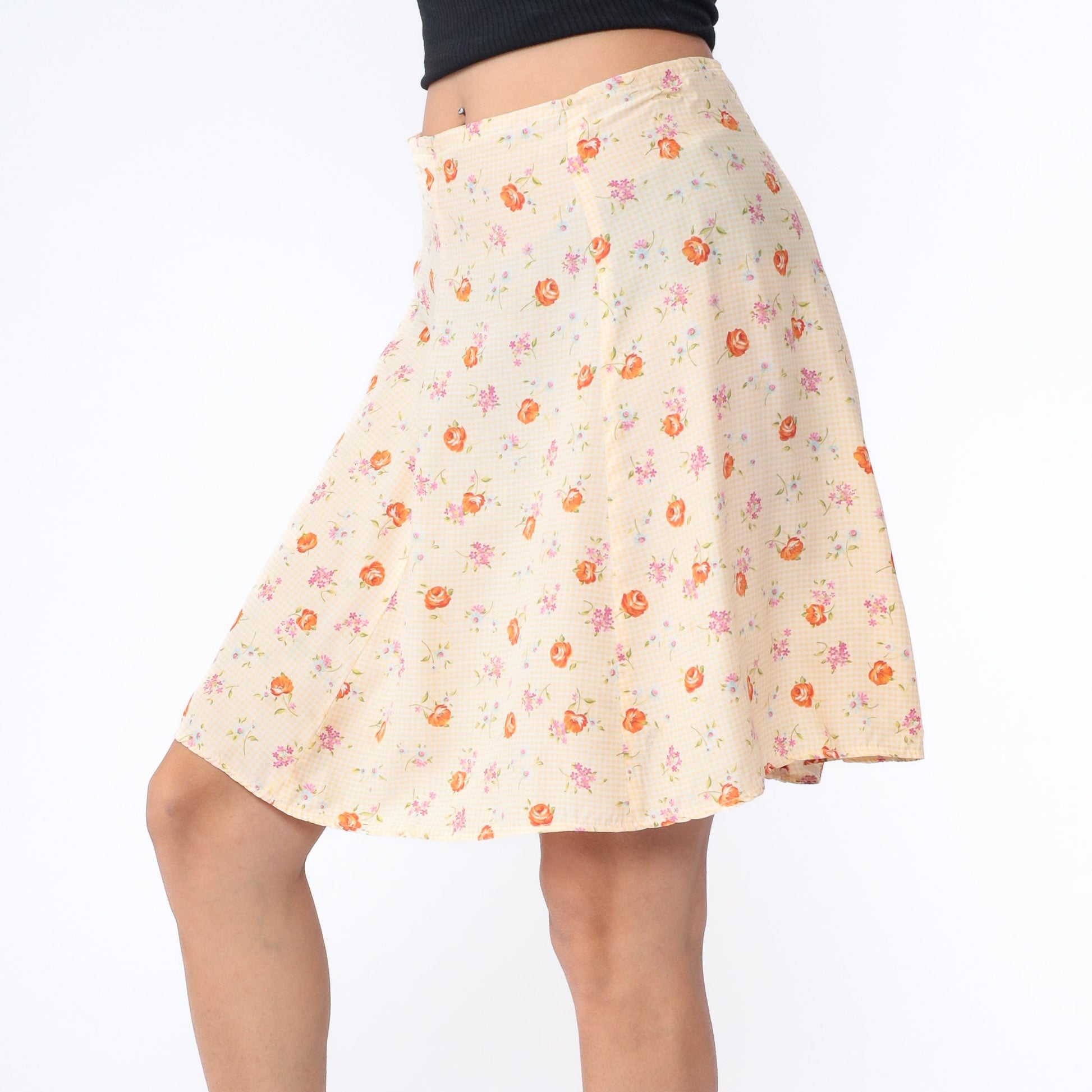 70s Yellow Gingham Floral Mini Skirt High Waist Zipper Medium