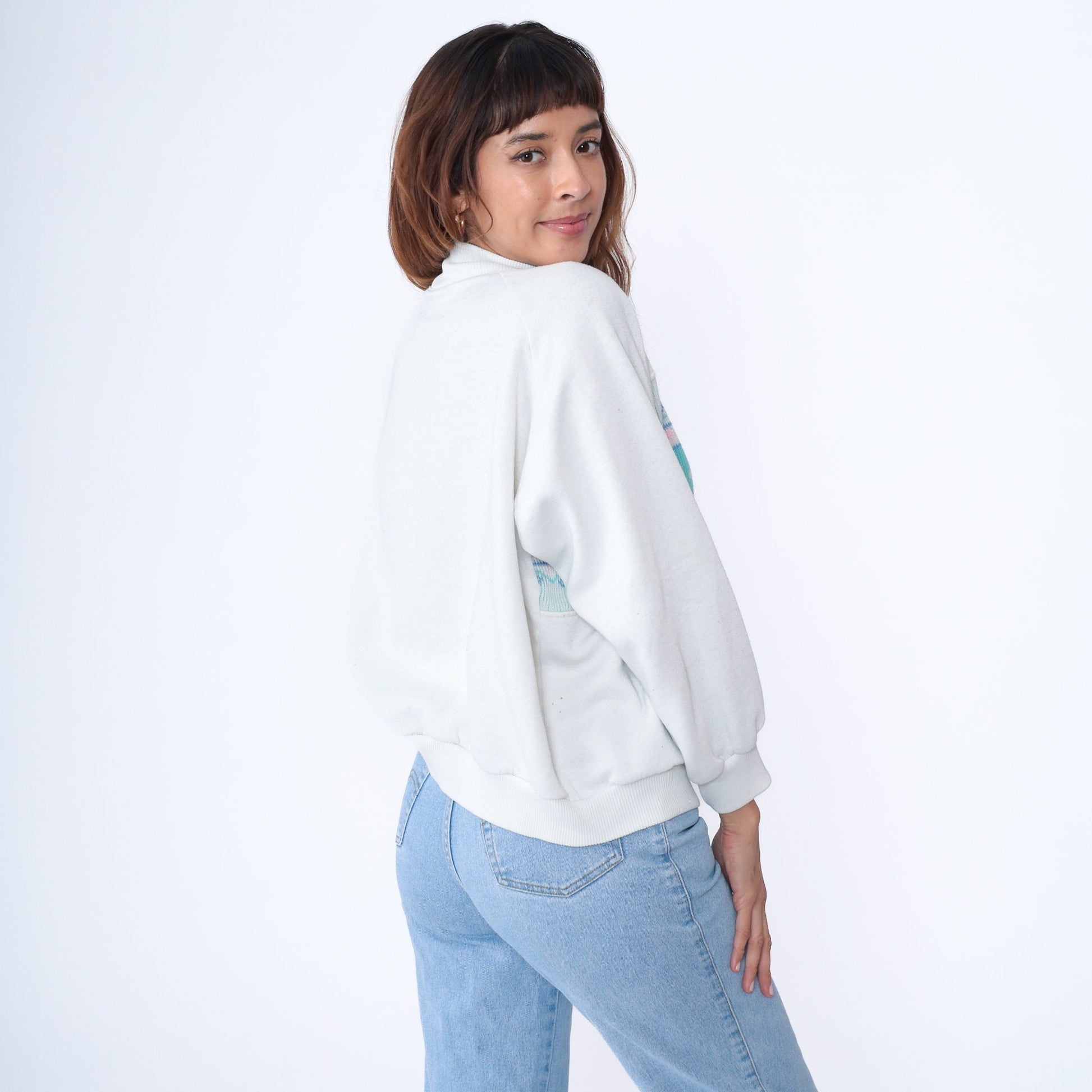 90s Bunny Rabbit Heart Sweatshirt Mock Neck White Pink Plus Size XXL