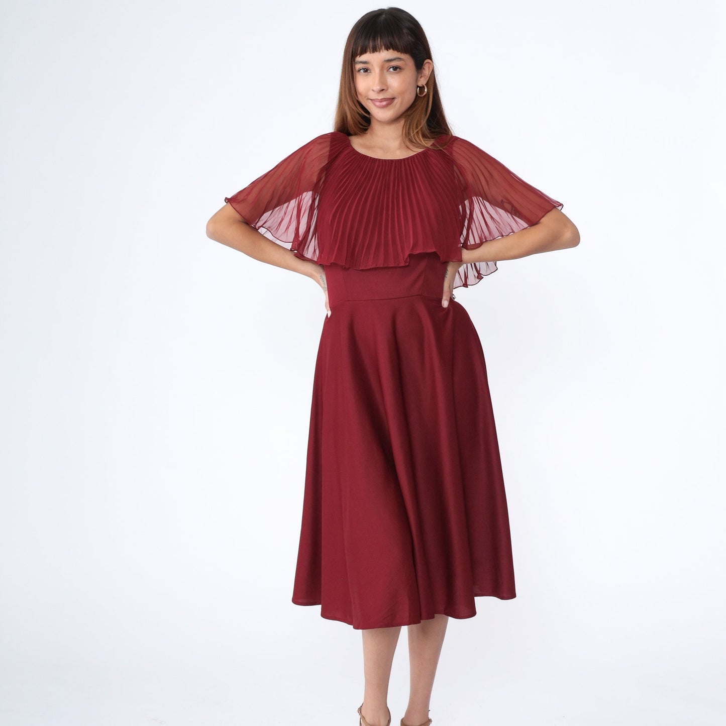 70s Burgundy Chiffon Midi Dress Pleated Capelet High Waist Medium