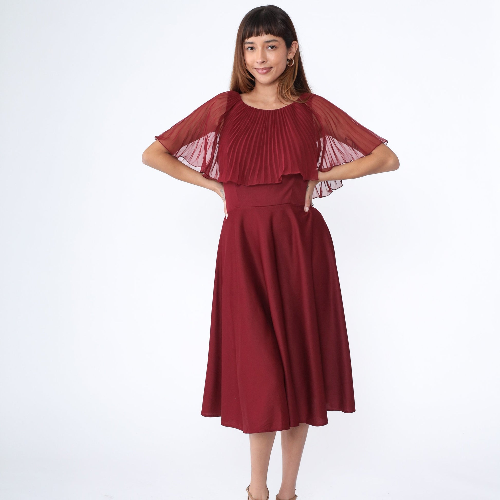 70s Burgundy Chiffon Midi Dress Pleated Capelet High Waist Medium