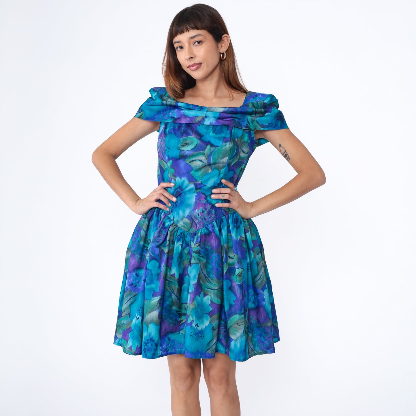 90s Blue Floral Watercolor Mini Dress Short Sleeve Drop Waist Small