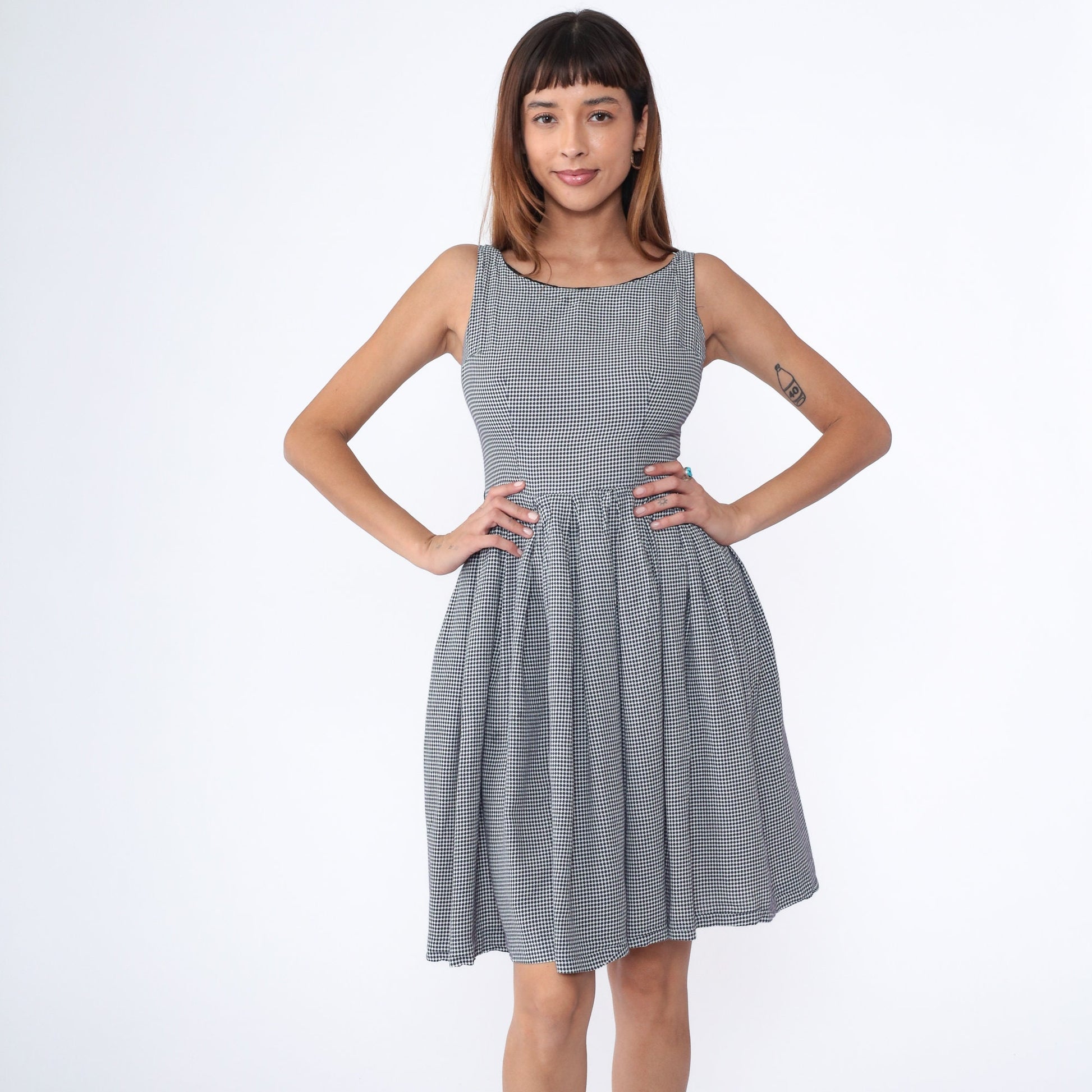 60s Navy White Checkered Mini Dress Pleated High Waist Sleeveless Small