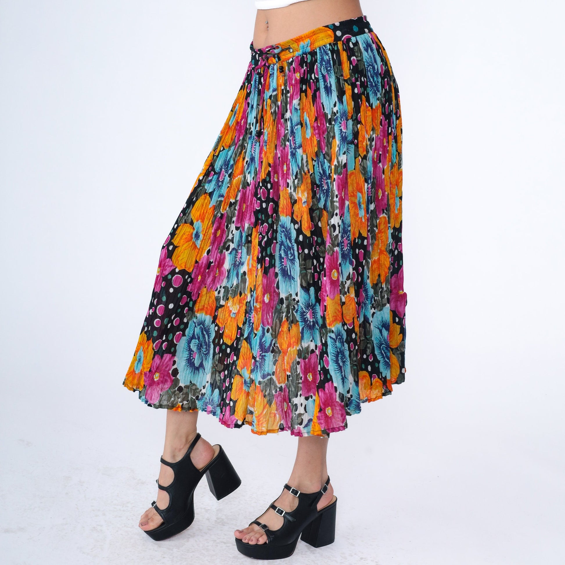 90s Floral Broomstick Skirt Drawstring Midi Cotton Orange Black Fuchsia Medium