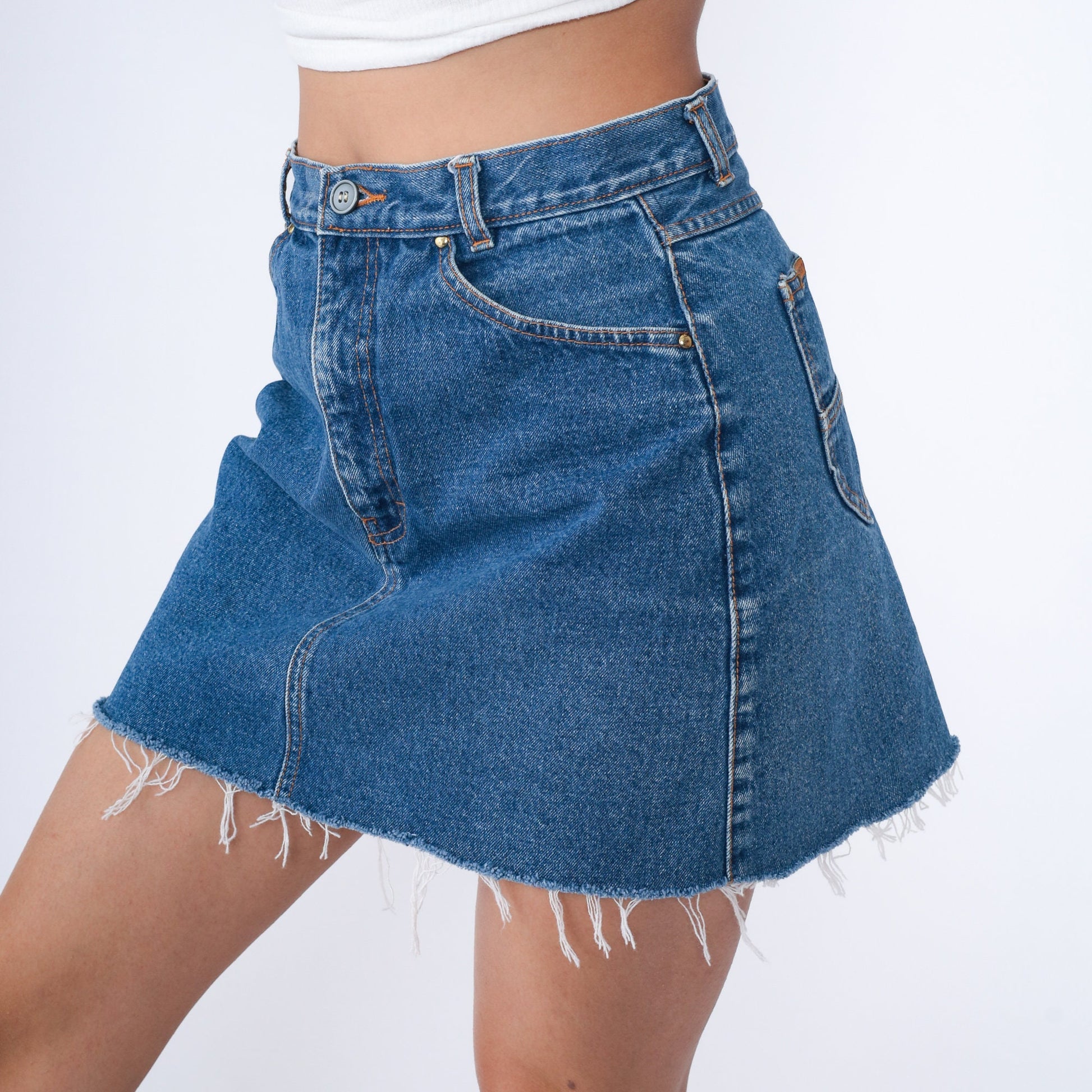 90s Brittania Denim Mini Skirt High Waist Cutoff Blue Medium