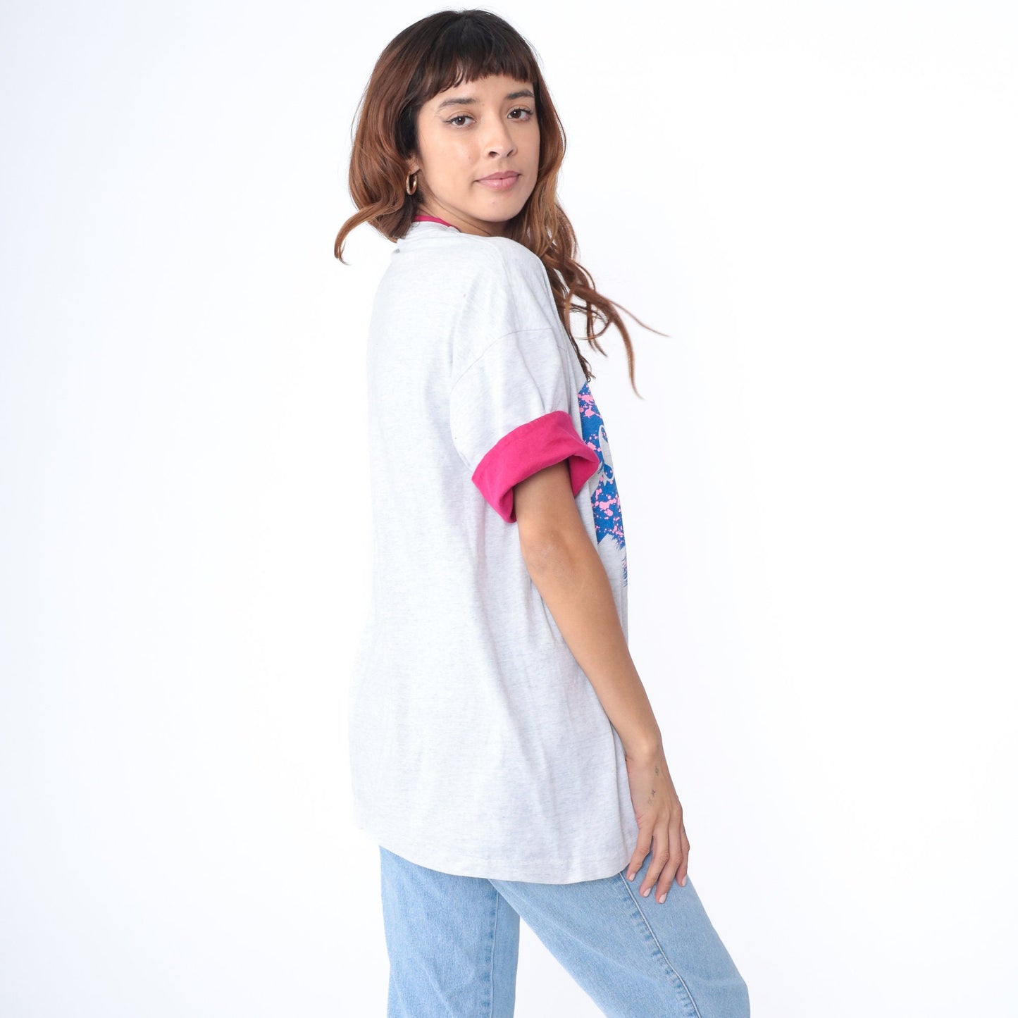 90s St. Scholastica College Ringer Tee Grey Pink Cuffed Sleeve Large