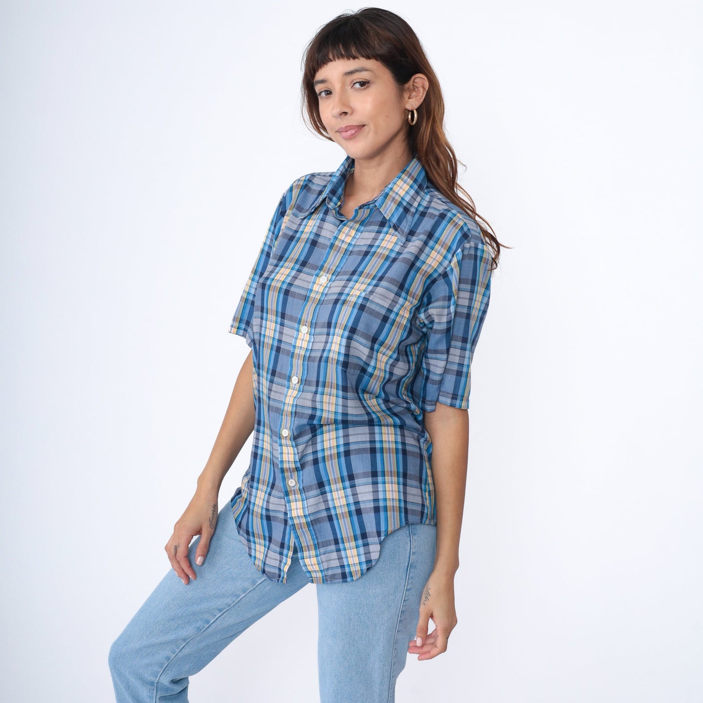 70s Blue Plaid Button-Up Shirt Pointed Collar Short Sleeve Men's Medium