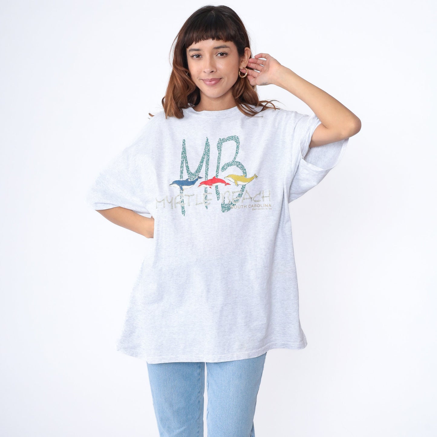 90s Myrtle Beach Dolphin Graphic T-Shirt Heather Grey Extra Large