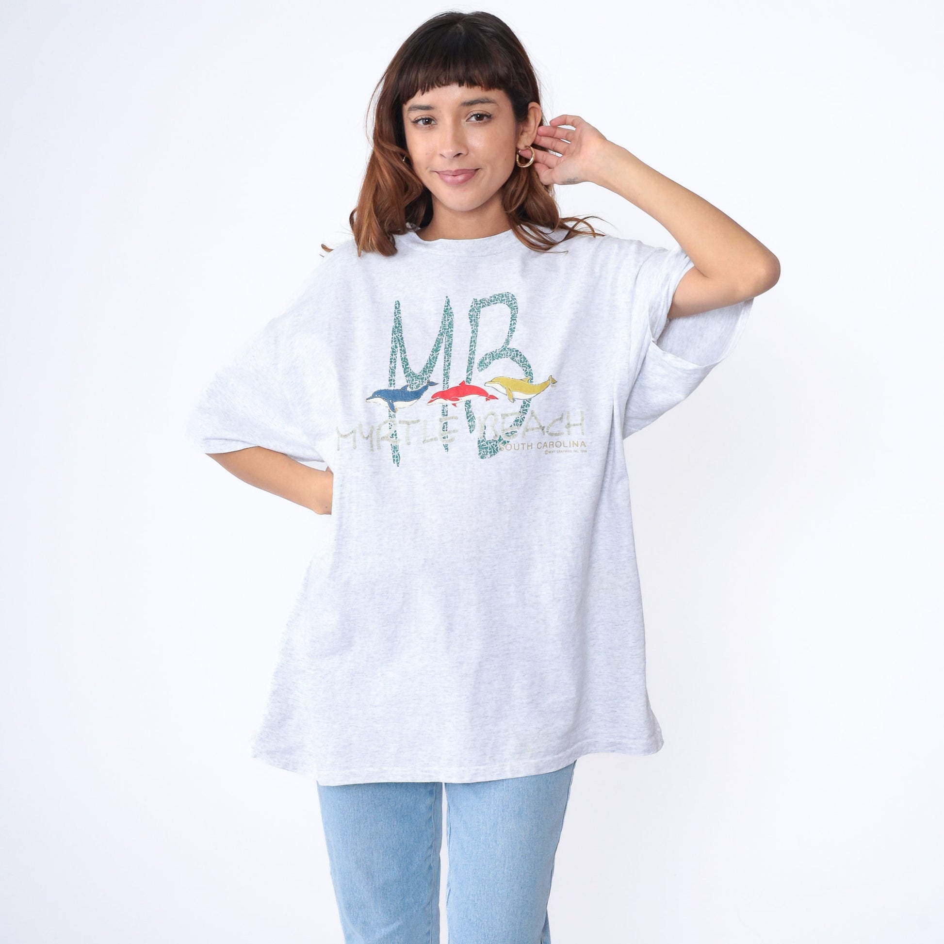 90s Myrtle Beach Dolphin Graphic T-Shirt Heather Grey Extra Large