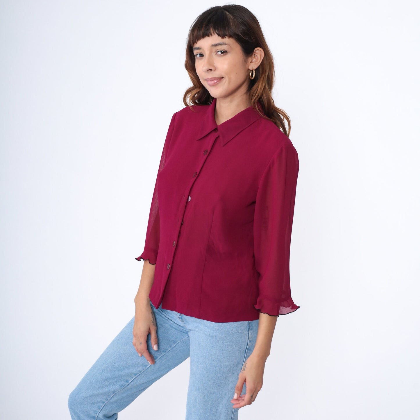 Y2K Raspberry Ruffle Blouse Sheer 3/4 Sleeve Button Up Collared Top Medium