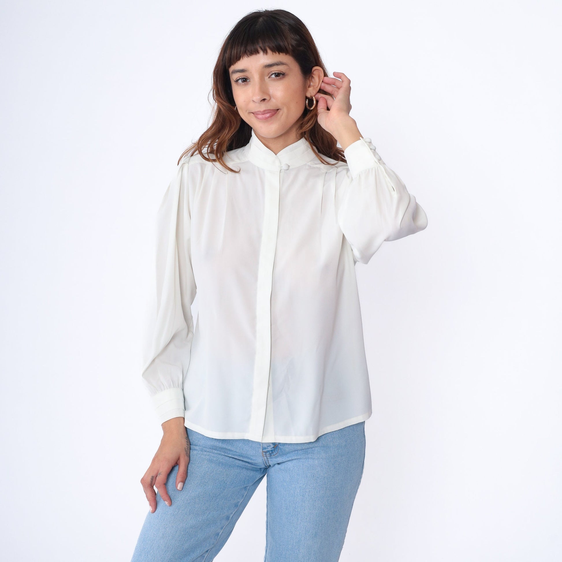 80s White Puff Sleeve Blouse Pleated Mandarin Collar Hidden Button Semi-Sheer Medium