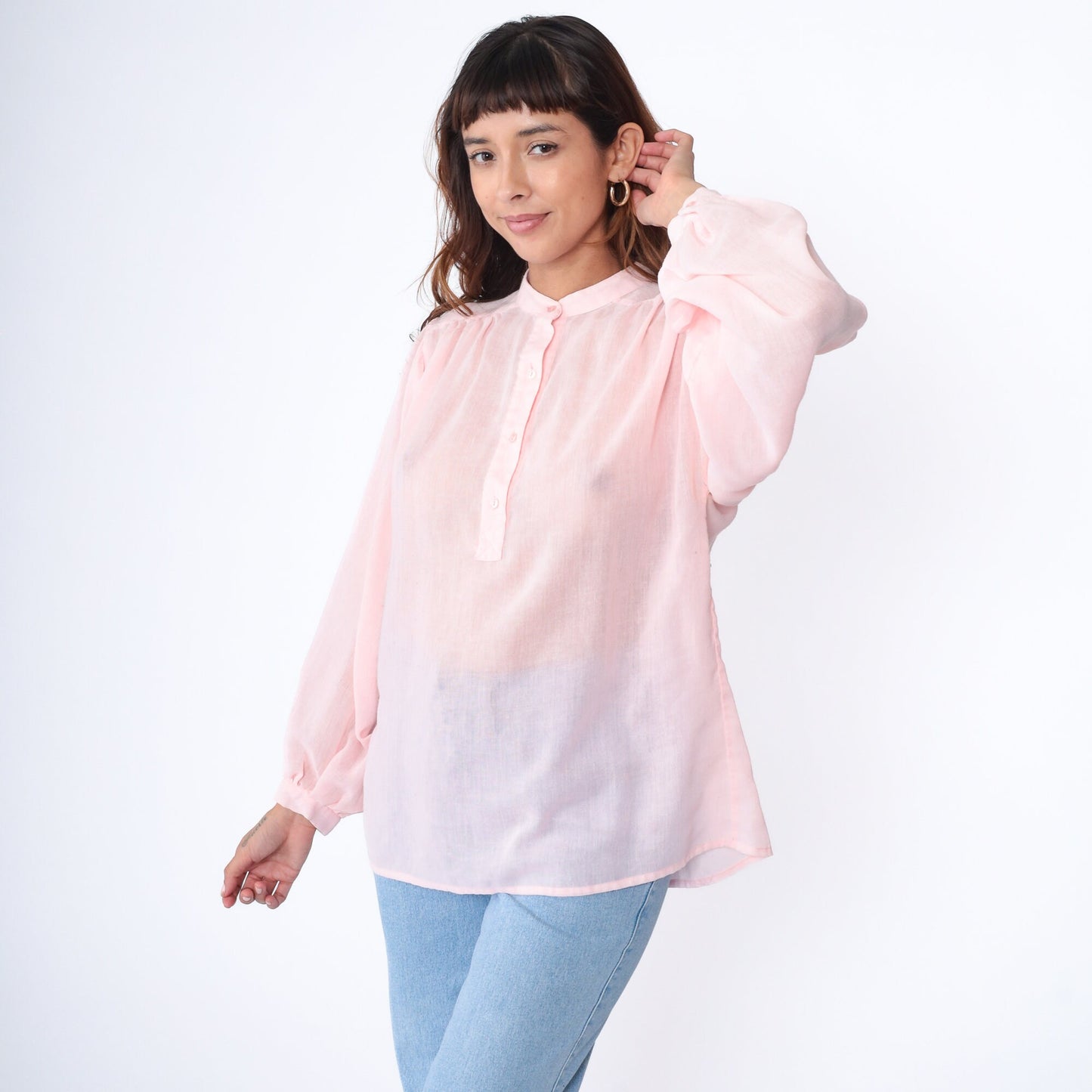 80s Sheer White Blouse Puff Sleeve Collared Button-Up Medium