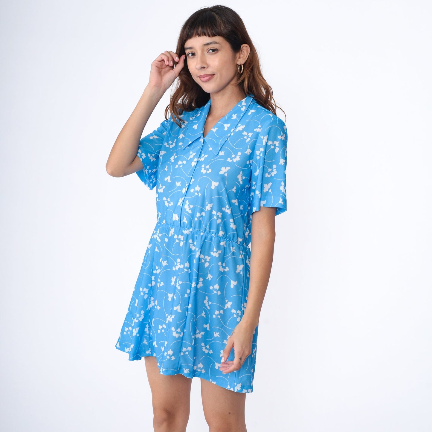 80s Blue Floral Mini Dress Chelsea Collar Button-Up Shirtdress Medium
