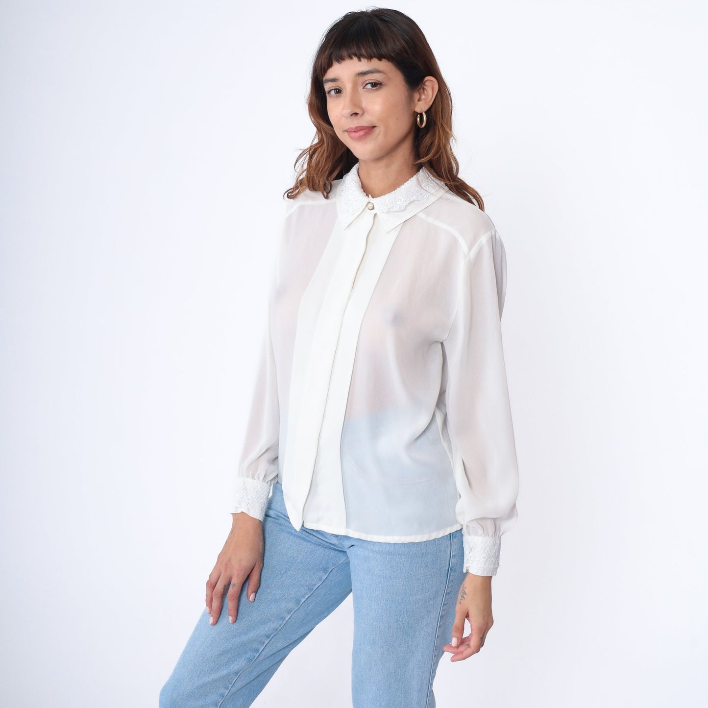 90s White Sheer Blouse Lace Collar Pearl Button Long Sleeve Medium