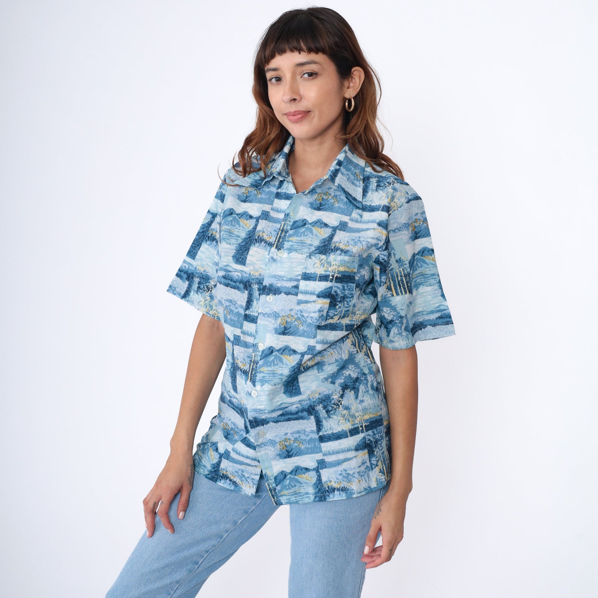70s Nature Print Button-Up Shirt Trees Mountains Blue Short Sleeve Men's Medium