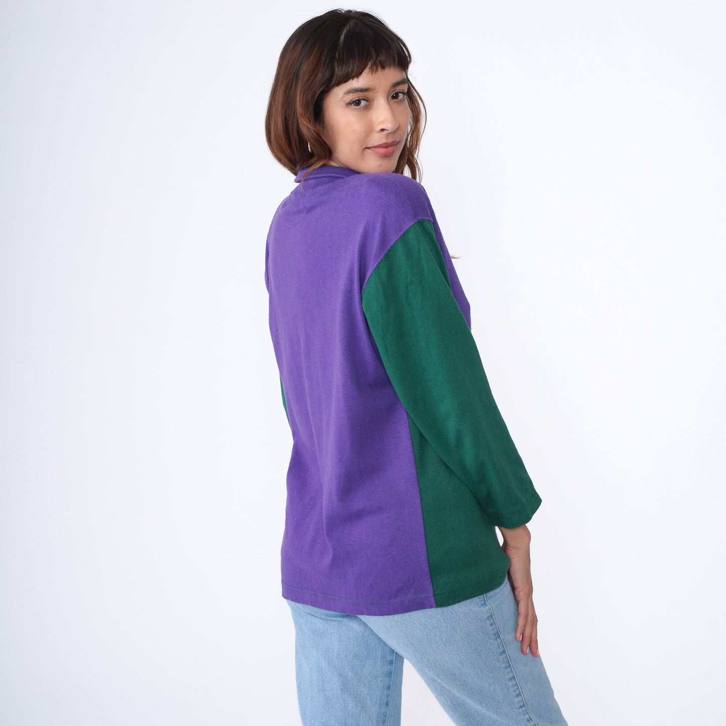 90s Color Block Henley Purple Green Snap Button Long Sleeve Shirt Medium