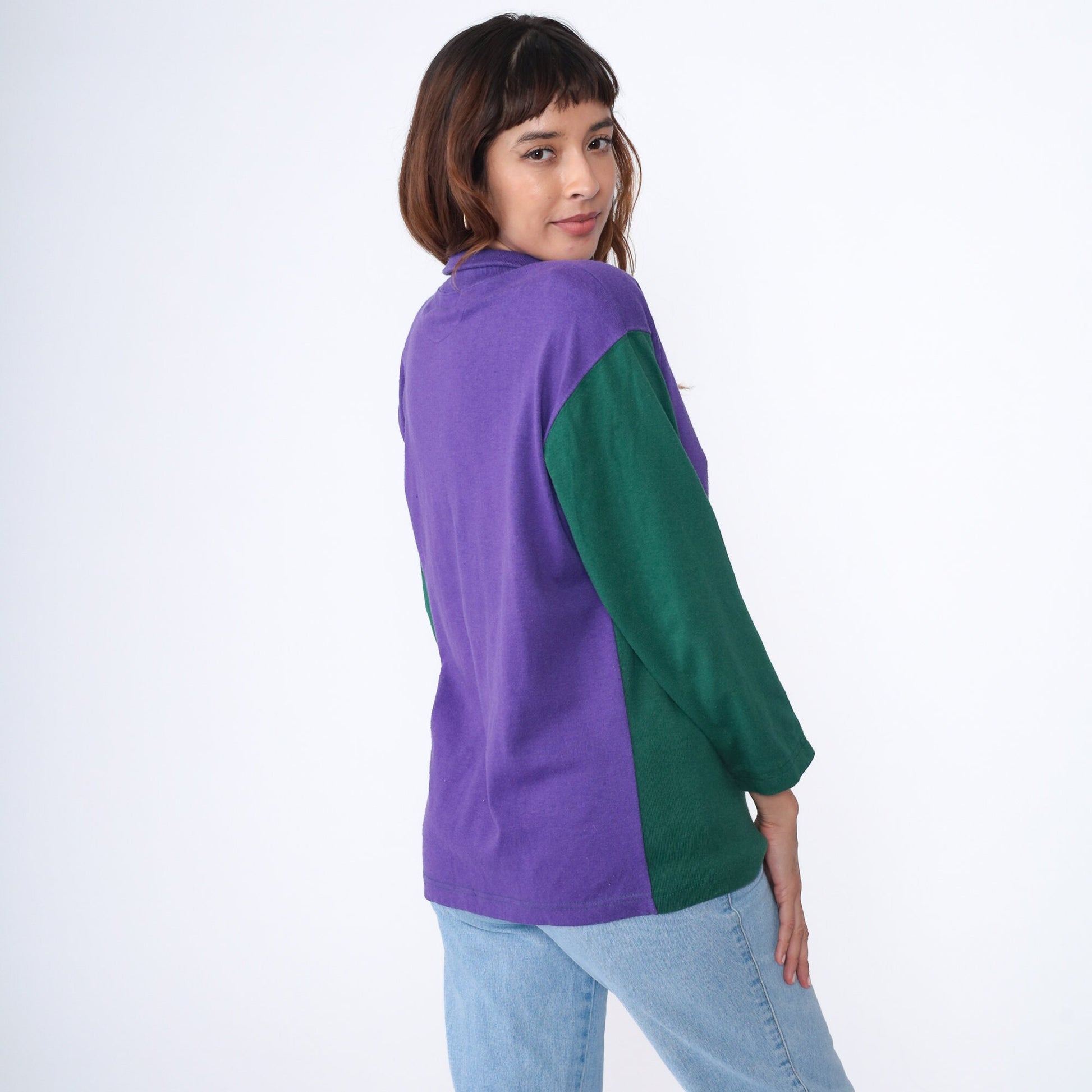 90s Color Block Henley Purple Green Snap Button Long Sleeve Shirt Medium
