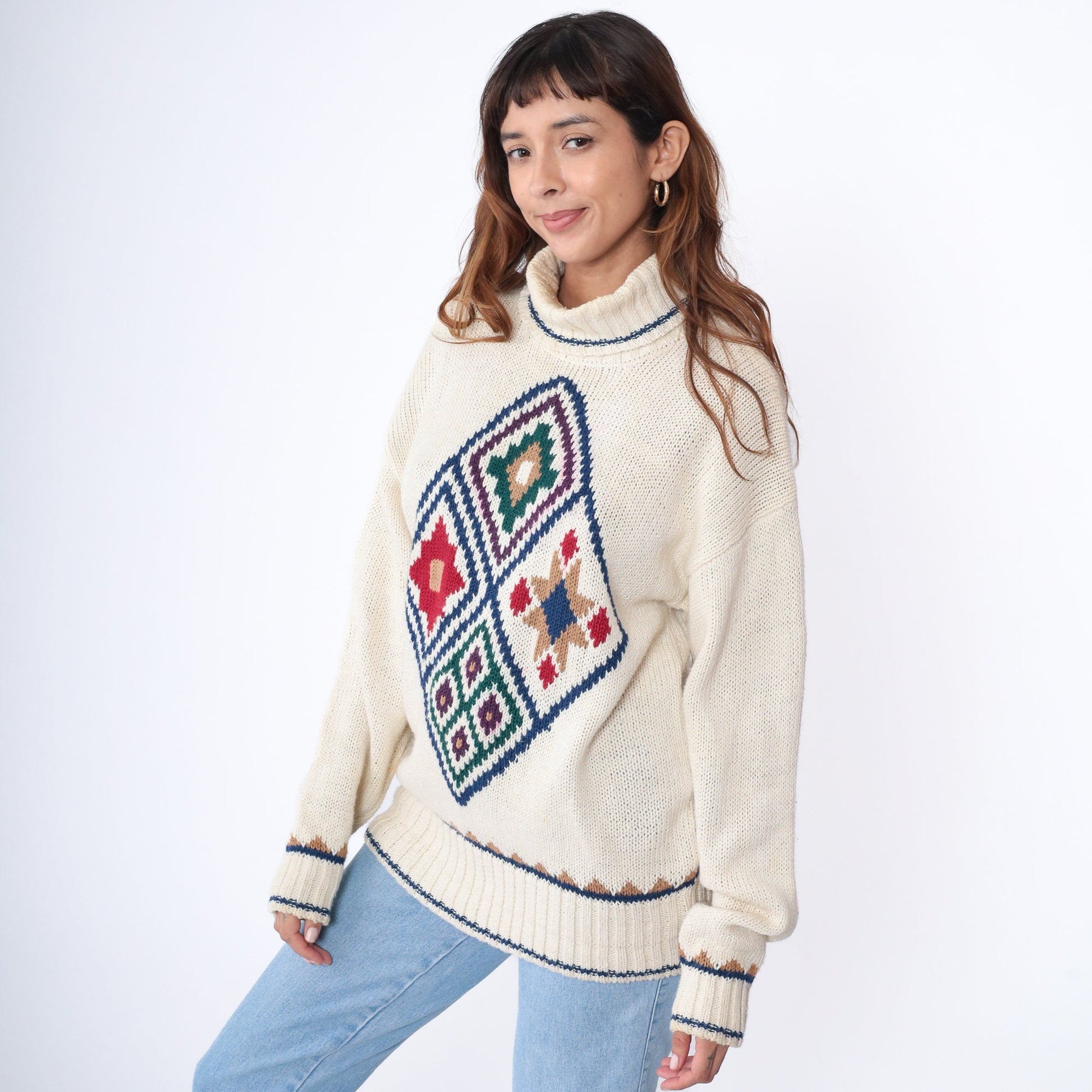 90s Liz Claiborne Geometric Turtleneck Sweater Off-White Jacquard Knit Medium