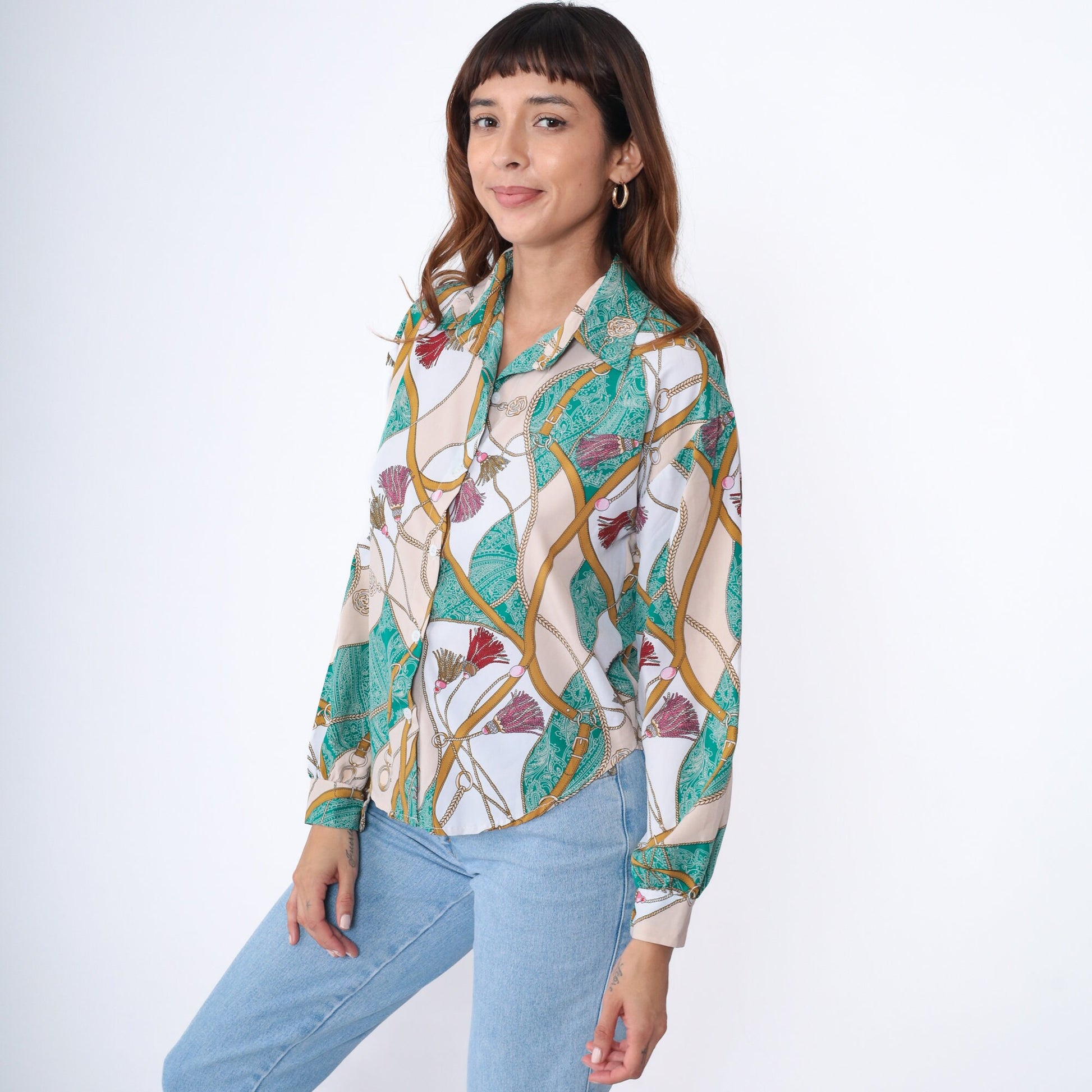 90s Equestrian Blouse Sea Green Paisley Horse Bridle Chain Print Button Up Medium