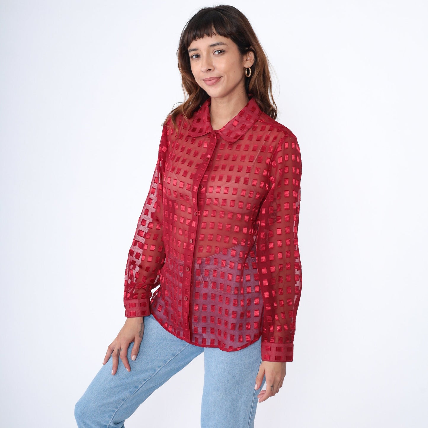 90s Red Metallic Grid Chiffon Button Up Blouse Long Sleeve Medium