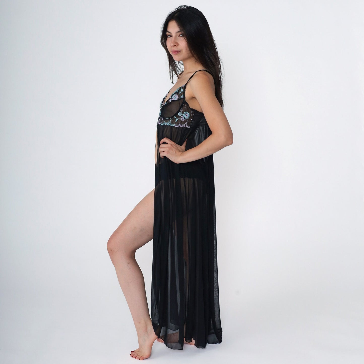 90s Faris Black Floral Embroidered Slip Nightgown Underwire Spaghetti Strap Medium