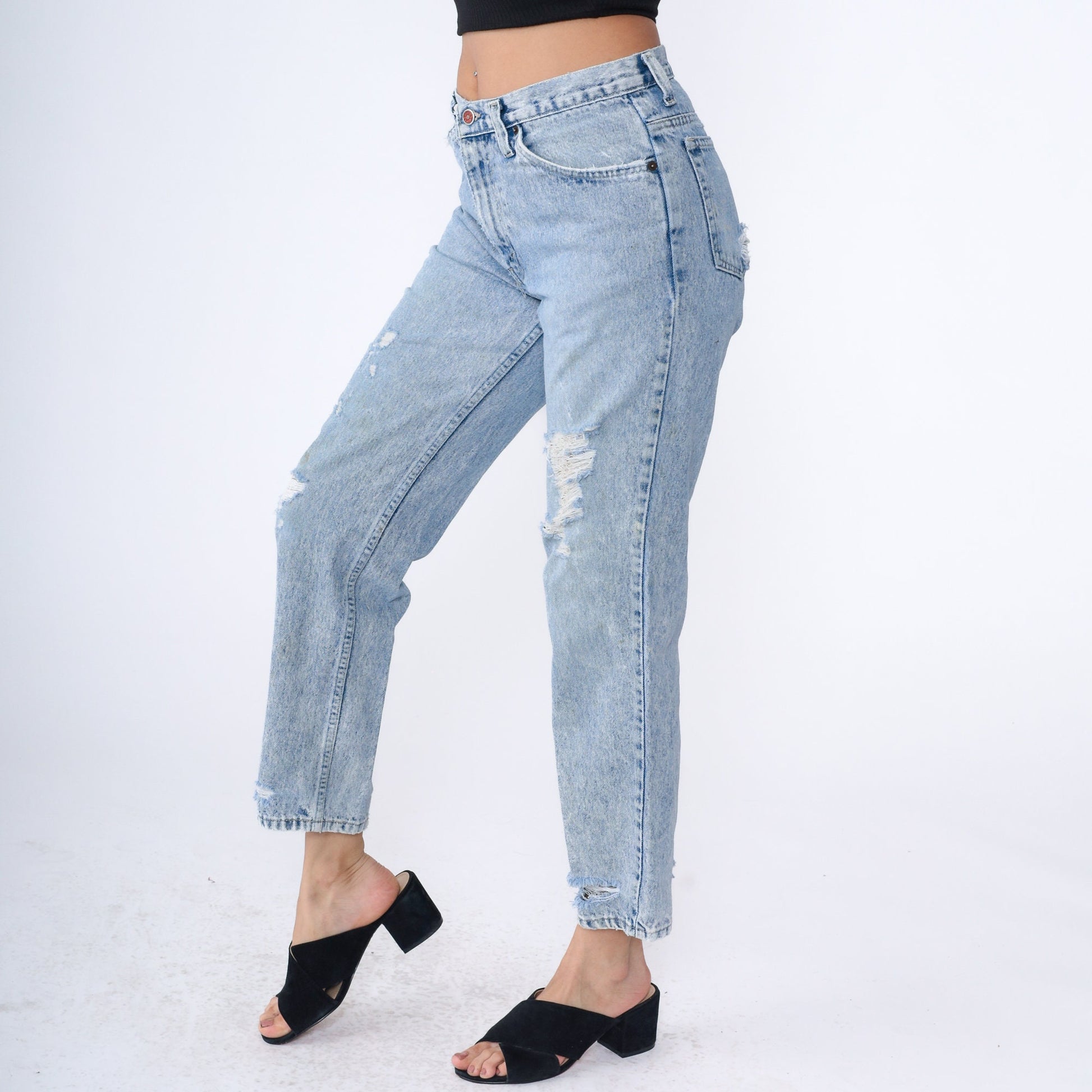 90s Brittania Ripped Mom Jeans Light Blue Denim Tapered Small