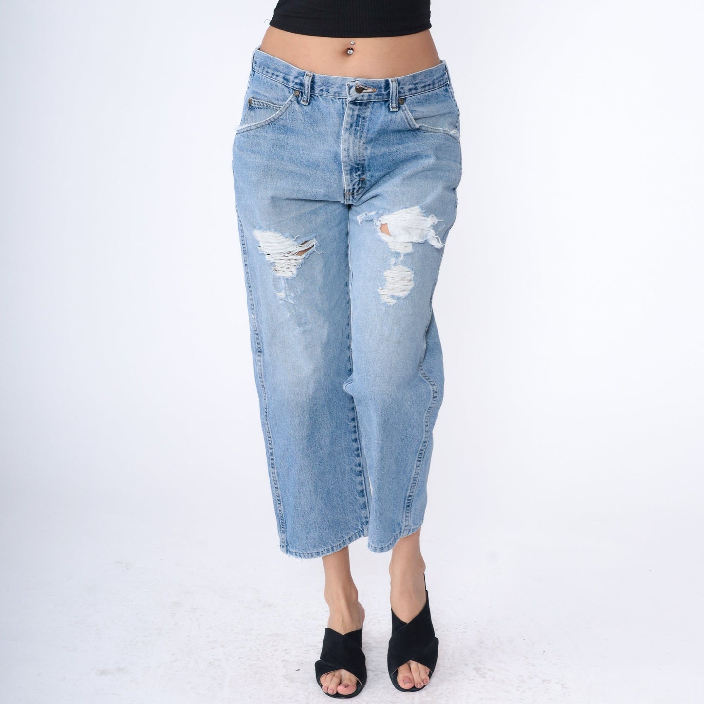 Wrangler Y2K Ripped Straight Leg Jeans Faded Blue High Rise Medium