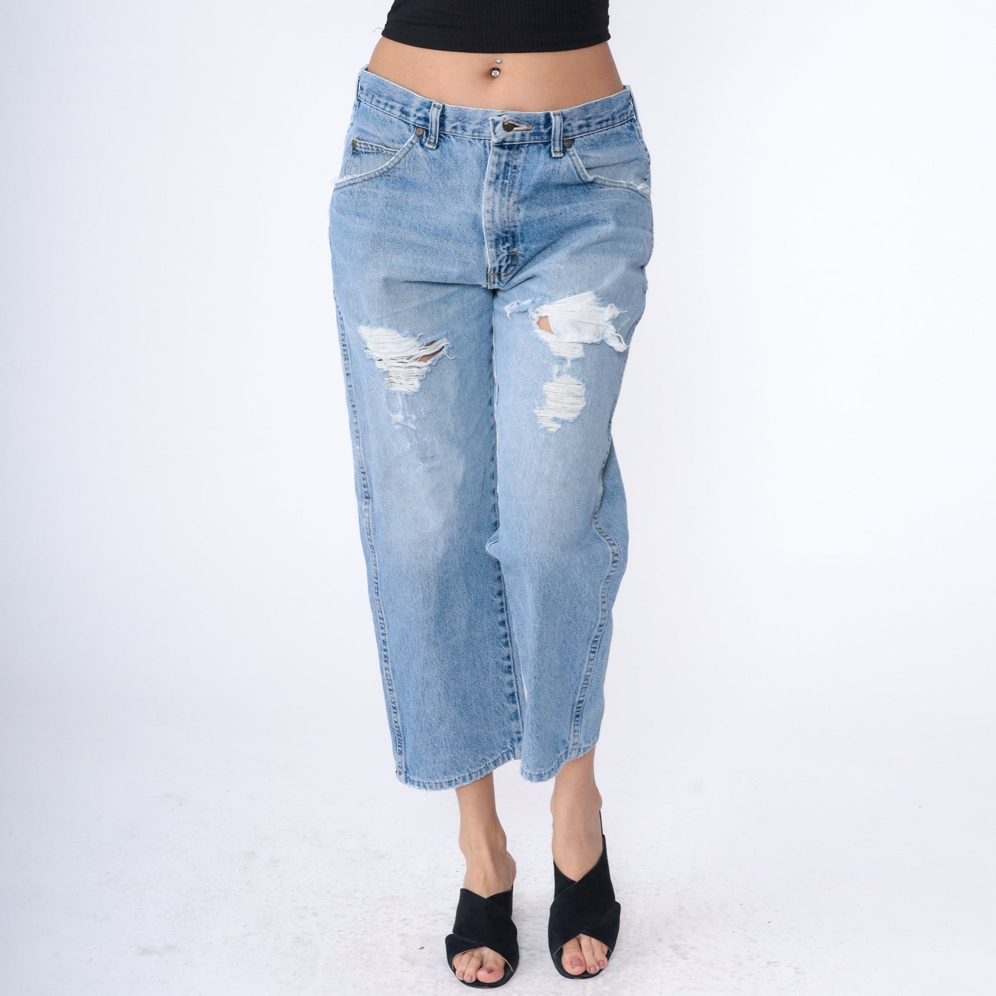 Wrangler Y2K Ripped Straight Leg Jeans Faded Blue High Rise Medium