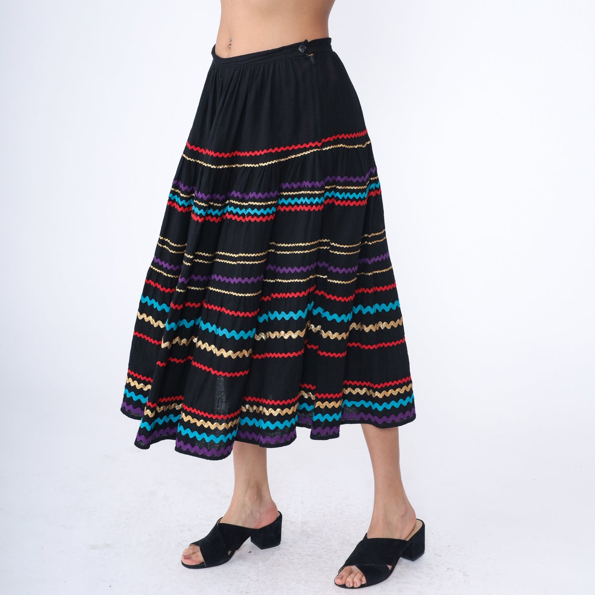 80s Goldwater's Midi Skirt Black Cotton Ric-Rac Striped High Waist Medium