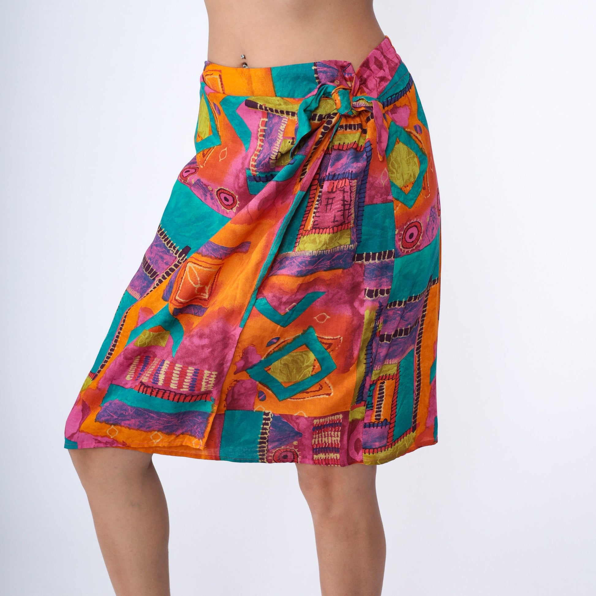 90s Geometric Wrap Skirt Midi Rayon Colorful Print Large 14