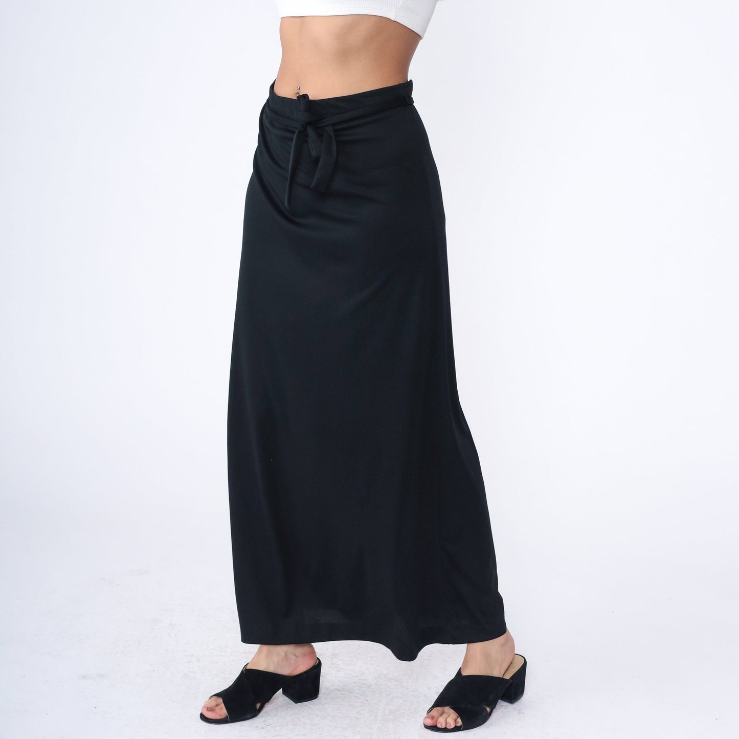70s Black Maxi Skirt High Waist Straight Cut Elastic Waistband Large L