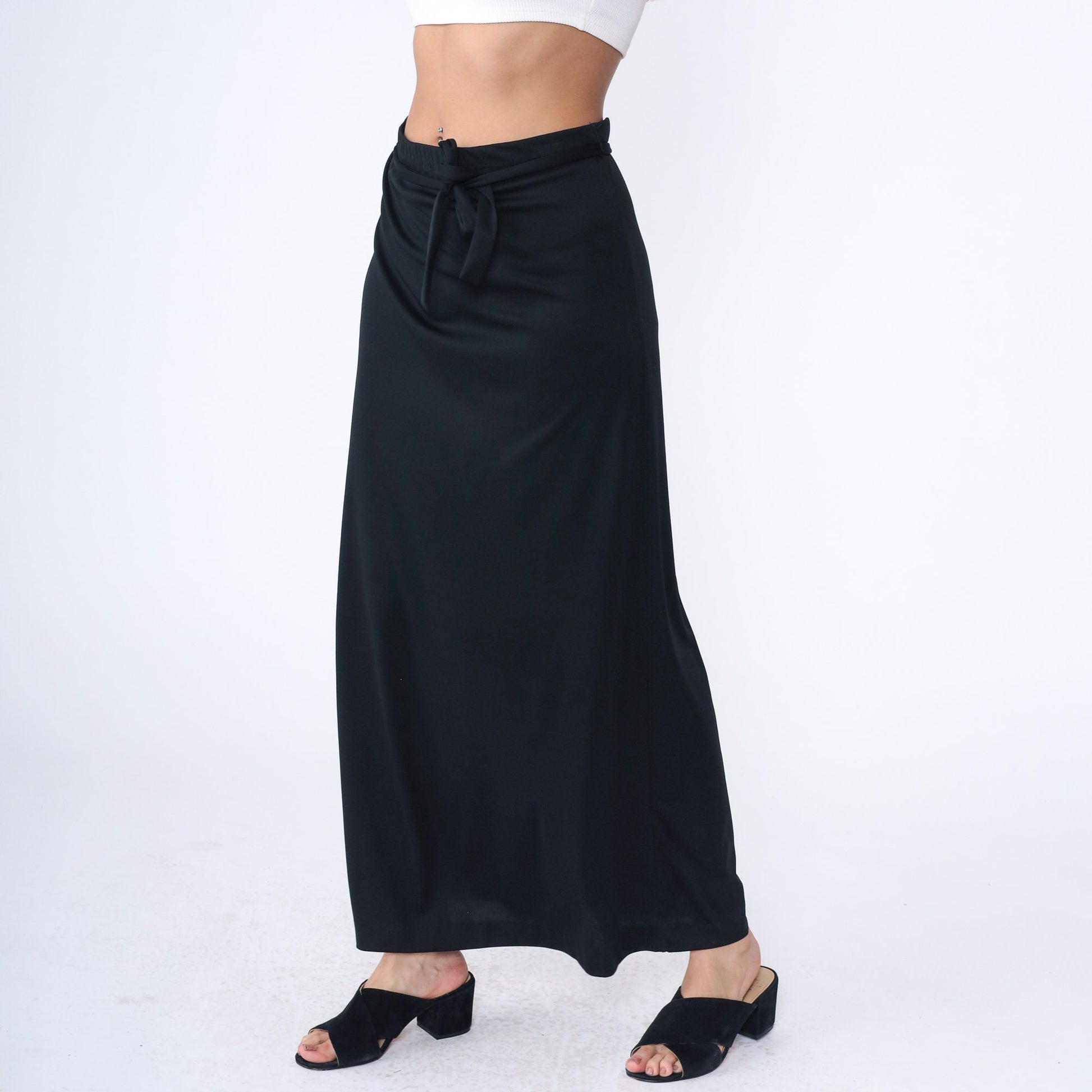 70s Black Maxi Skirt High Waist Straight Cut Elastic Waistband Large L