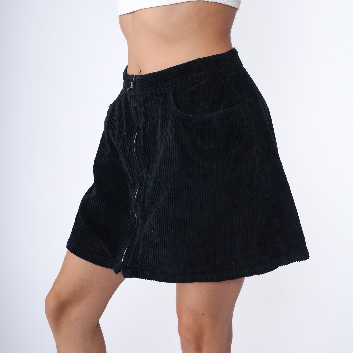 Y2K Black Corduroy Mini Skirt High Waisted Exposed Zipper A-Line Large