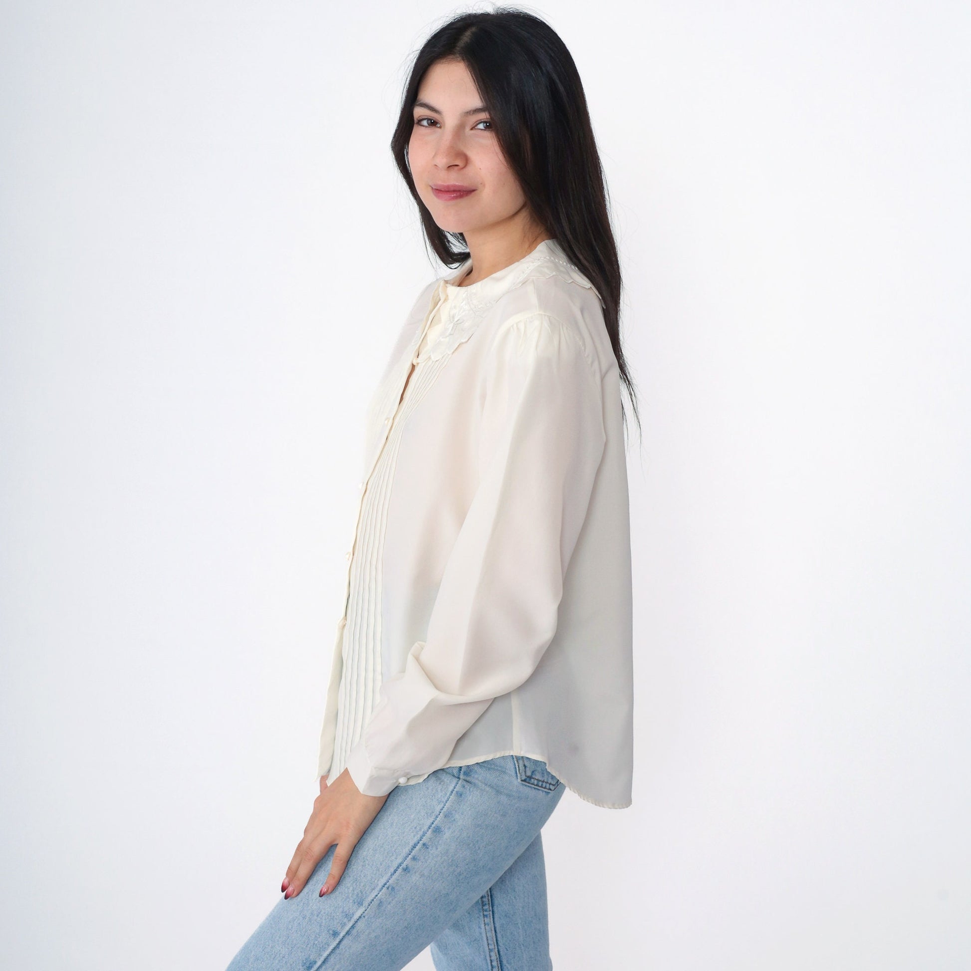 80s Peter Pan Collar Blouse Cream Button Up Floral Embroidery Puff Sleeve Medium Large