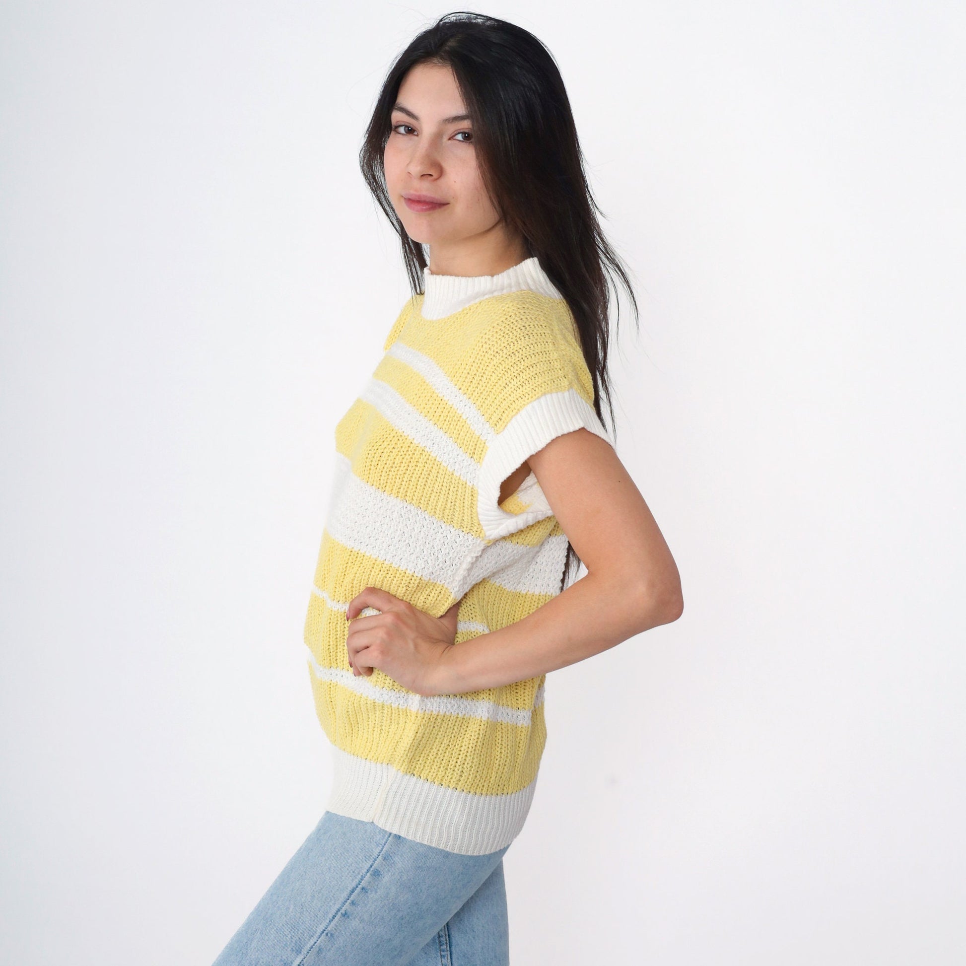 80s Yellow White Striped Knit Shirt Mock Neck Short Sleeve Small