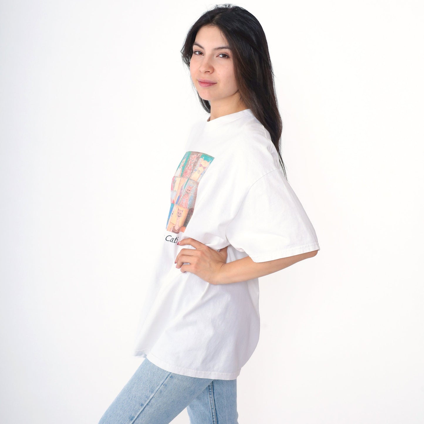 90s Cat Art Graphic Tee Famous Paintings Cotton White Extra Large XXL