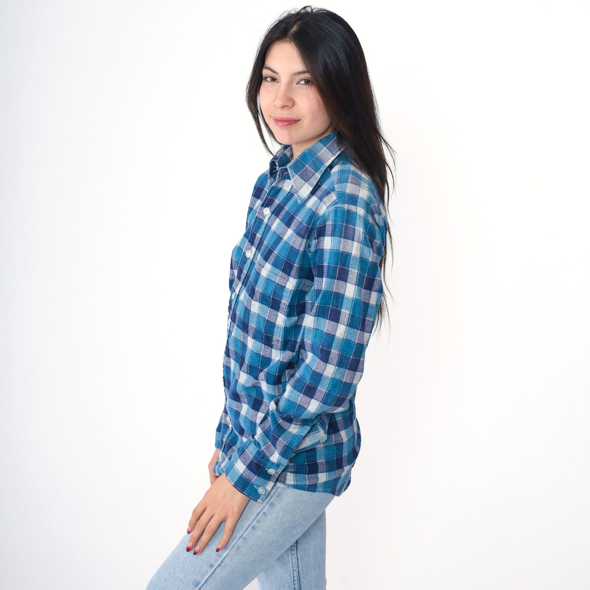 70s Mr. Wrangler Flannel Shirt Blue Navy Plaid Button Up Small