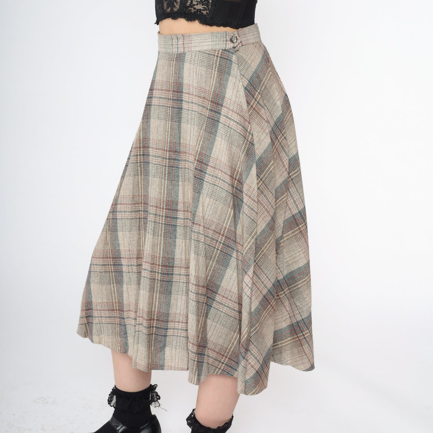 1970s Plaid Wool Midi Skirt Beige Red Blue Pleated High Waist Small