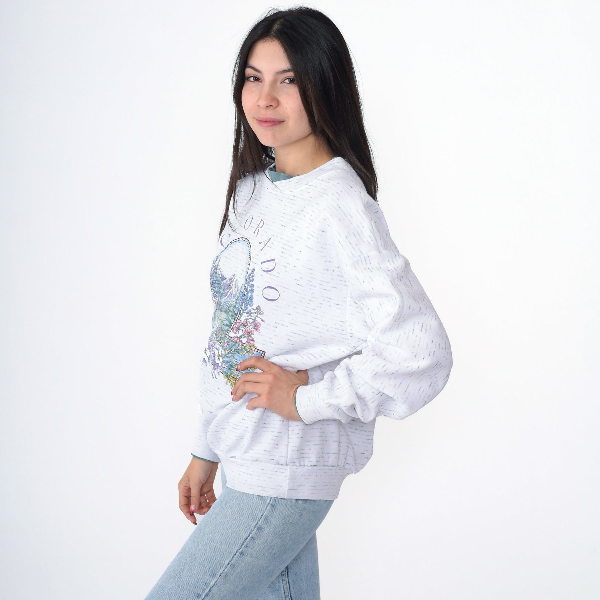 90s Colorado Mountain Floral Graphic Sweatshirt Double Collar Drop Shoulder Medium