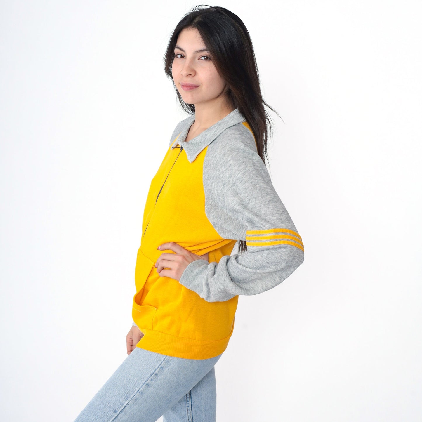 80s Yellow Grey Striped Raglan Track Jacket Zip Up Small