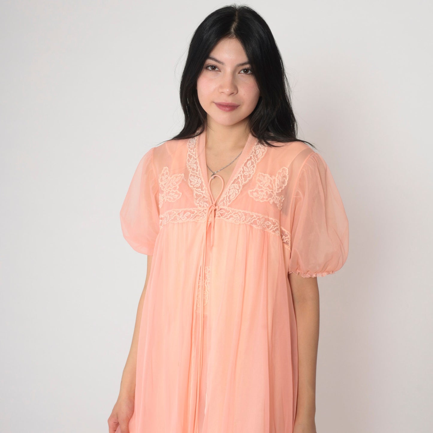 70s Pink Nylon Lingerie Robe Lace Beaded Puff Sleeve Midi Small