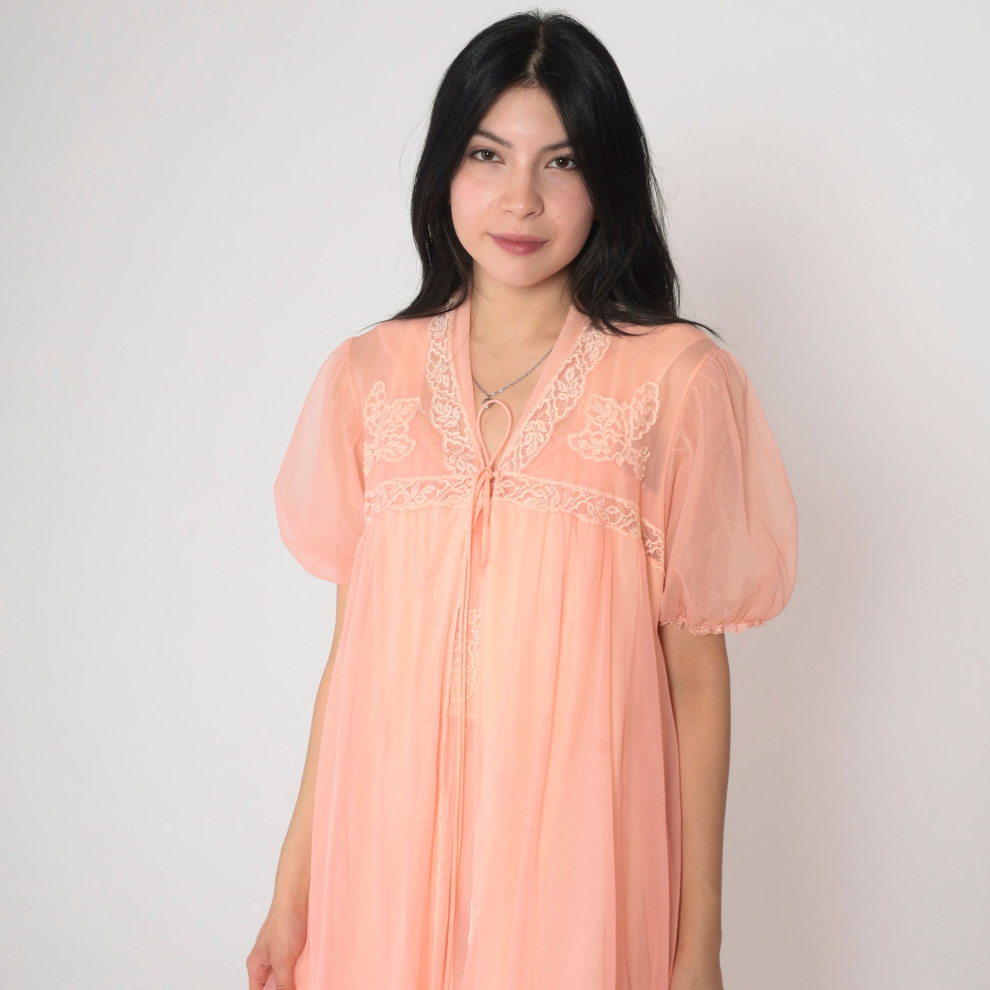 70s Pink Nylon Lingerie Robe Lace Beaded Puff Sleeve Midi Small