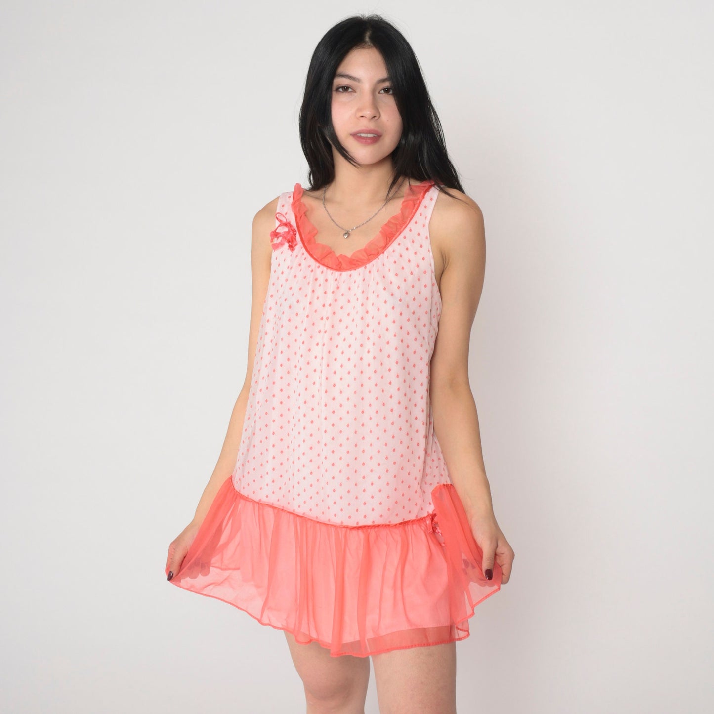 80s White Coral Polka Dot Nightgown Drop Waist Sleeveless Slip Dress Medium M