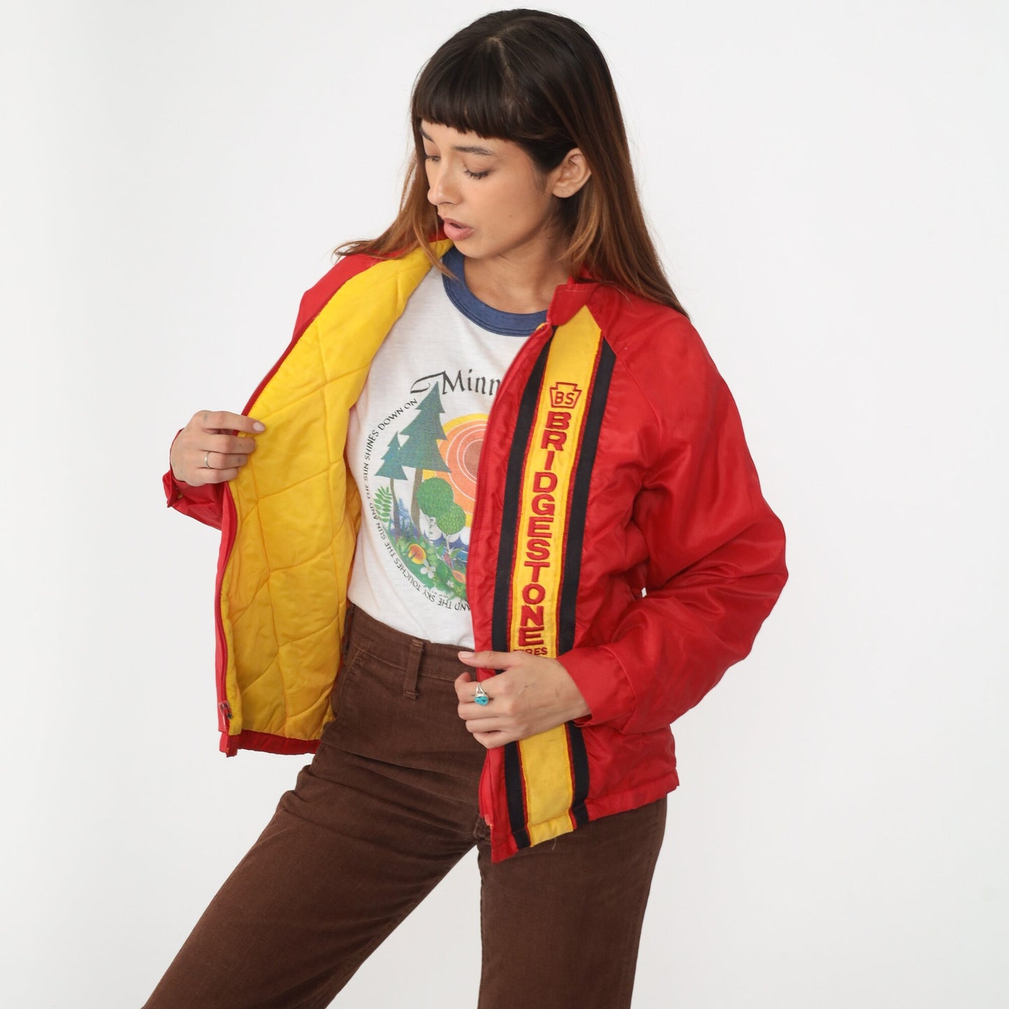 80s Bridgestone Tires Windbreaker Red Yellow Stripe Nylon Raglan Medium