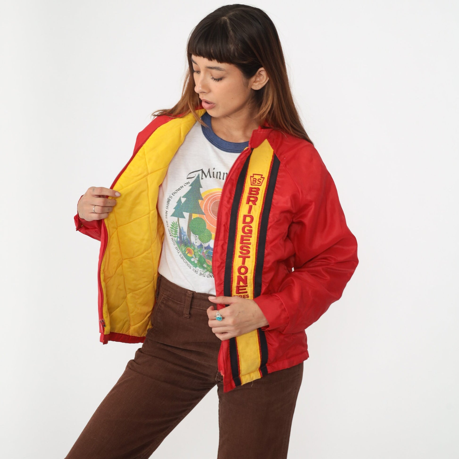 80s Bridgestone Tires Windbreaker Red Yellow Stripe Nylon Raglan Medium