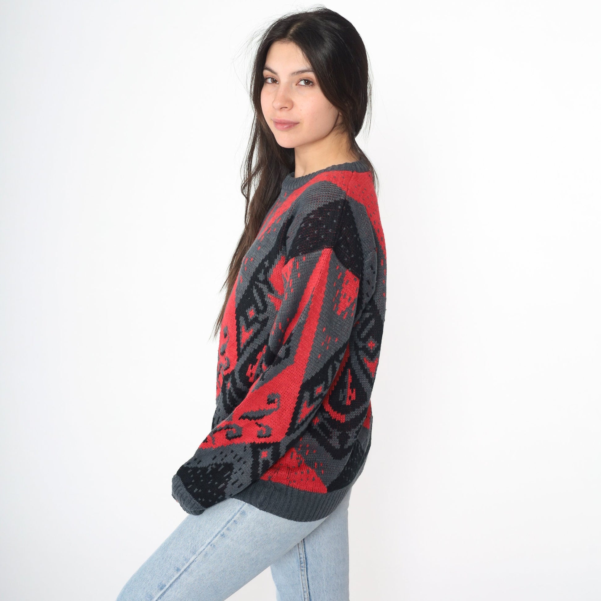 80s DJ Smash Geometric Knit Sweater Red Black Crewneck Medium