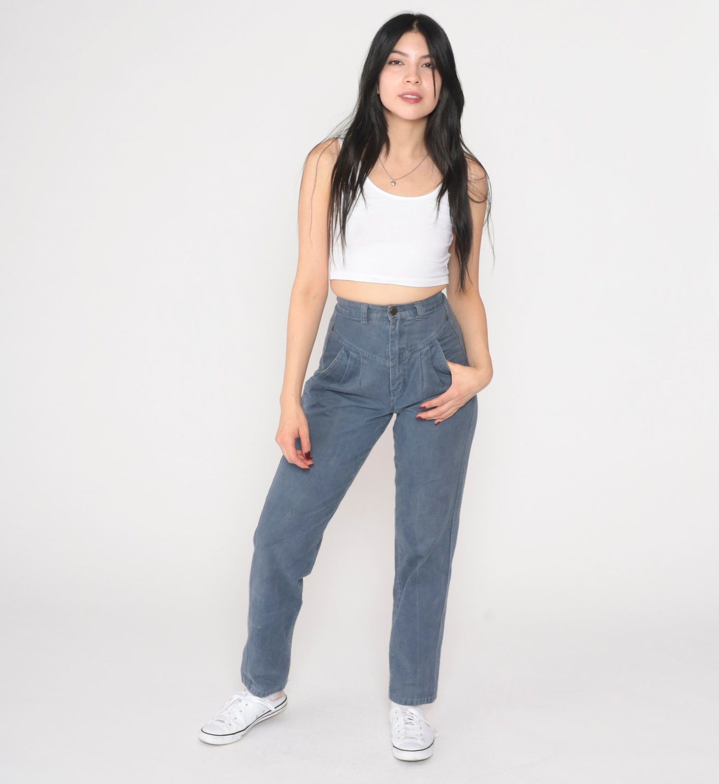 90s Grey Blue Pleated High Waist Straight Tapered Trousers Extra Small